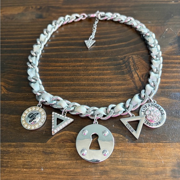 Guess Jewelry - Guess Silver Tone Necklace with Chunky Charm Pendants and Chain with Ribbon 16”